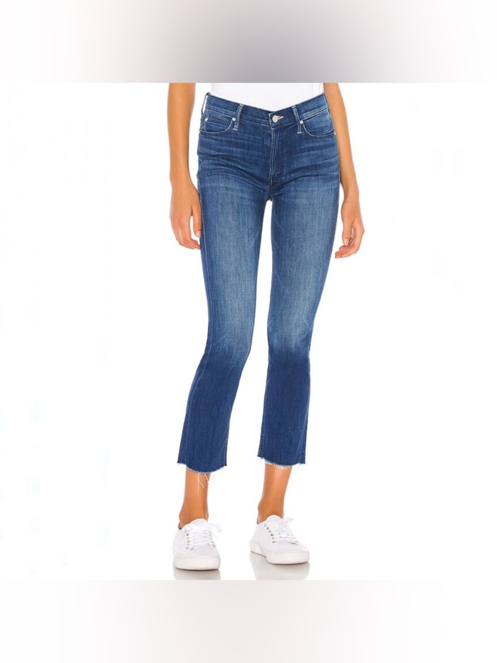 MOTHER Mid-Rise Dazzler Crop Fray Raw-Hem Blue Jeans in Squeeze It